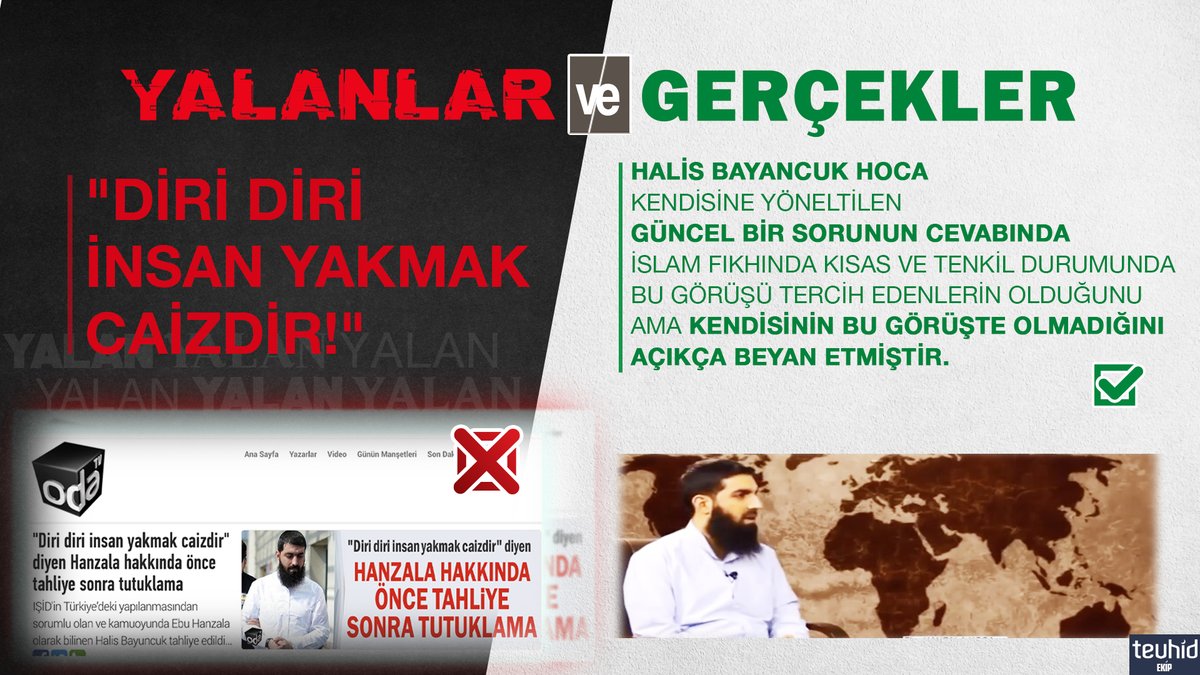 || #YalanlarveGerçekler 

❌: "Diri diri insan yakmak caizdir!"

✅: Halis Bayancuk Hoca kendisine yöneltilen güncel bir sorunun cevabında İslam fıkhında kısas ve tenkil durumunda bu görüşü tercih edenlerin olduğunu ama kendisinin bu görüşte olmadığını açıkça beyan etmiştir.
