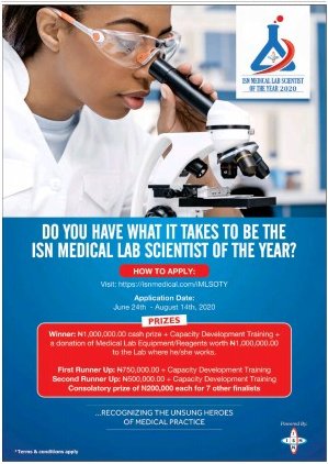 medtunity's tweet photo. Do you have what it takes to be the ISN Medical Lab Scientist of the Year?
Recognising The Unsung Heroes of Medical Practice
How to Apply:
Visit: https://t.co/vNLYtwAqqL
Application Date: June 24th – August 14th, 2020
#medtunity
#MedTwitter
#award
#opportunity https://t.co/1wQIj6prNG