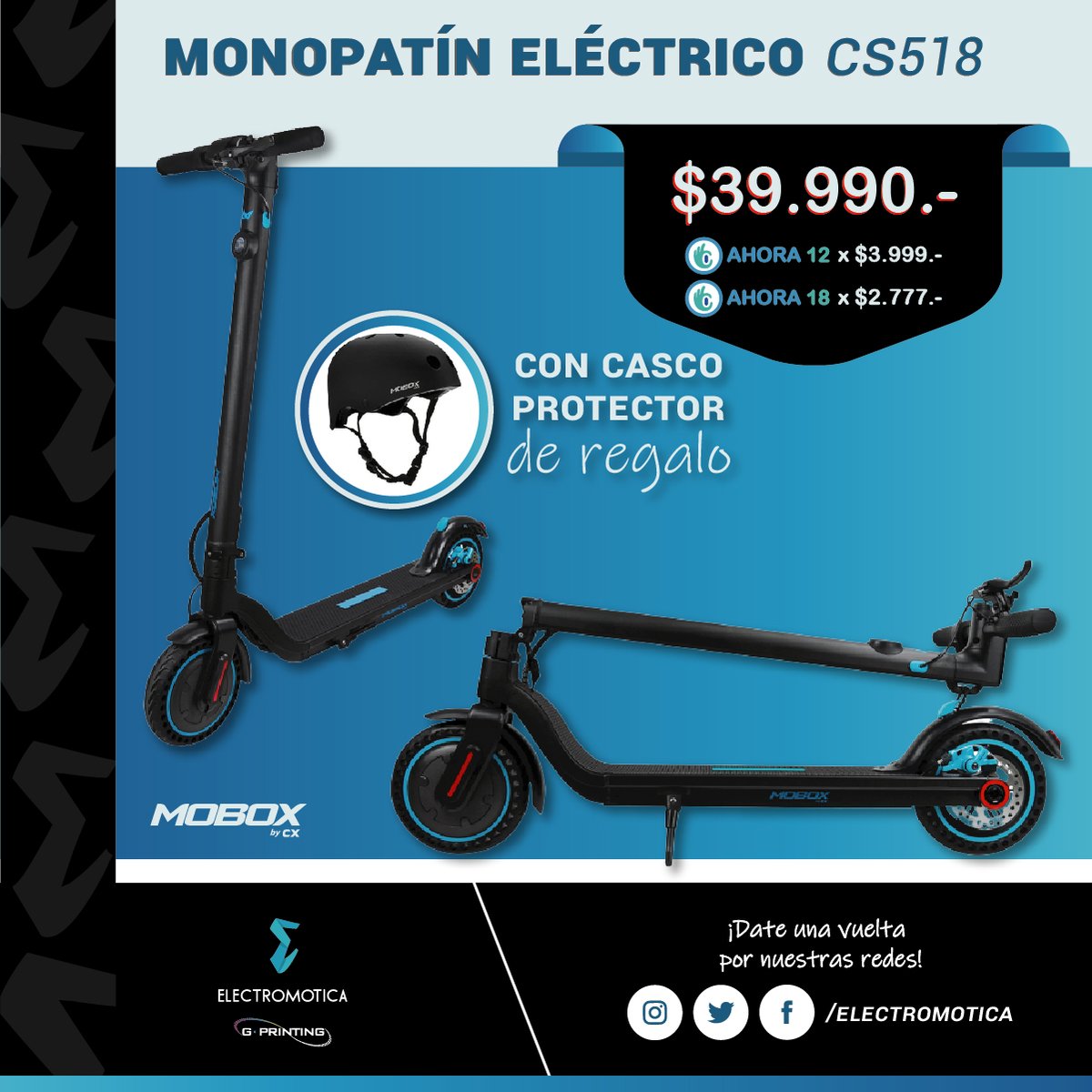 grupo_printing's tweet photo. 👋Venimos a mostrarte una nueva manera de moverte 💣 #MOVETEINTELIGENTE 🤩
.
▶️ Monopatín eléctrico CS518 #Mobox

👉1 Cuota: $39.990.-
👉Ahora 12: $3.999.-
👉Ahora 18: $2.777.-

[[Promoción válida hasta el 10/07/2020 o hasta agotar stock]] https://t.co/wNVREJDO90