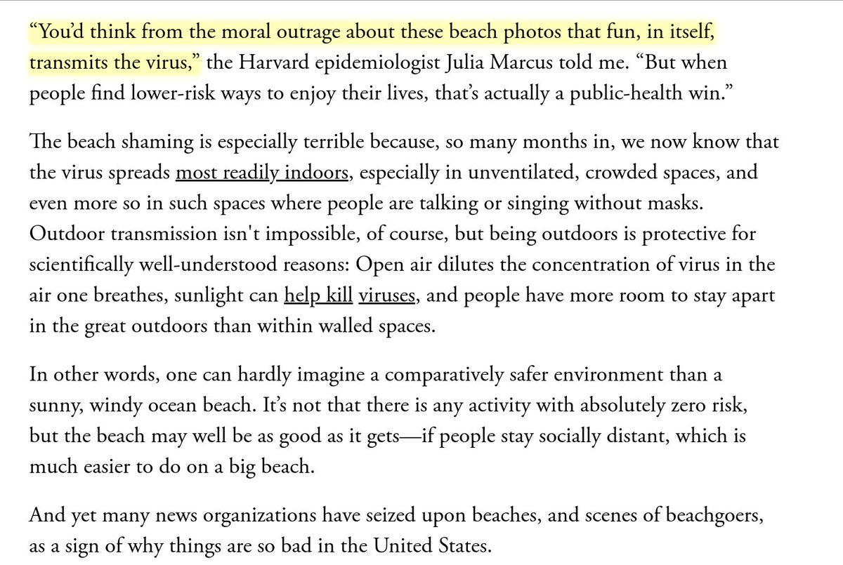 Enough with the beach-scolding! It's not scientifically-sound and it's counterproductive. It's a virus—not a moral agent geared to smite people who dare enjoy themselves. Six months in, we *know* most risk is indoors. More knowledge, less baseless outrage.  https://www.theatlantic.com/health/archive/2020/07/it-okay-go-beach/613849/