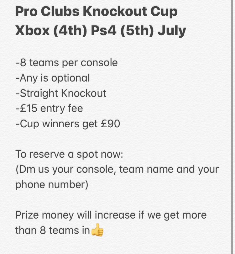EuropeFifa's tweet image. Xbox pro clubs tournament tonight, Dm us now👍 #ProClubs #ProClub #ProClubtournament #PS4 #Xbox @S6_trialhouse @ProclubsRT @ClubsAgent @ClubsAgency @ProClubsHub_ @ProClubShowdown @TheVFLPlayerHub @TheVFL_ @VFL_Bible