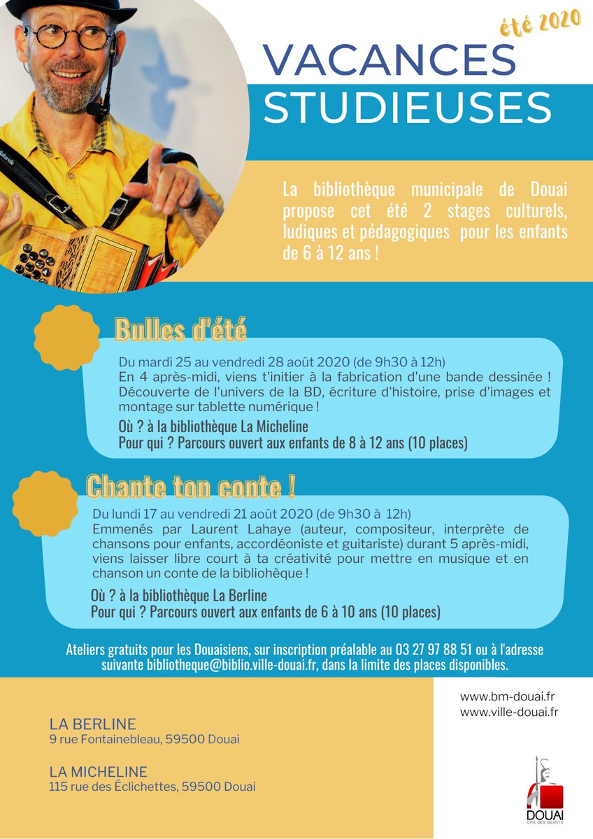 Cet été la bibliothèque de <a href="/villedouai/">Ville de Douai</a> s’inscrit dans le dispositif Quartiers d’été et propose 2 stages gratuits pour se plonger dans les collections de la bibliothèque et découvrir l’art de la mise en musique et de la BD :
>Chante ton conte !
>Bulles d’été !