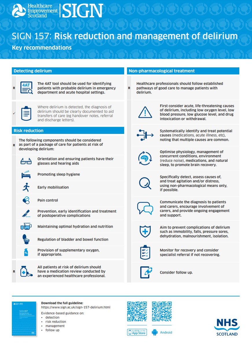 SIGN Guidelines on #Delirium = one of the few recent comprehensive guidelines in the field. The best evidence + expert consensus on clinical care. Valuable tips for practitioners. Full guideline - free to download: sign.ac.uk/assets/sign157…