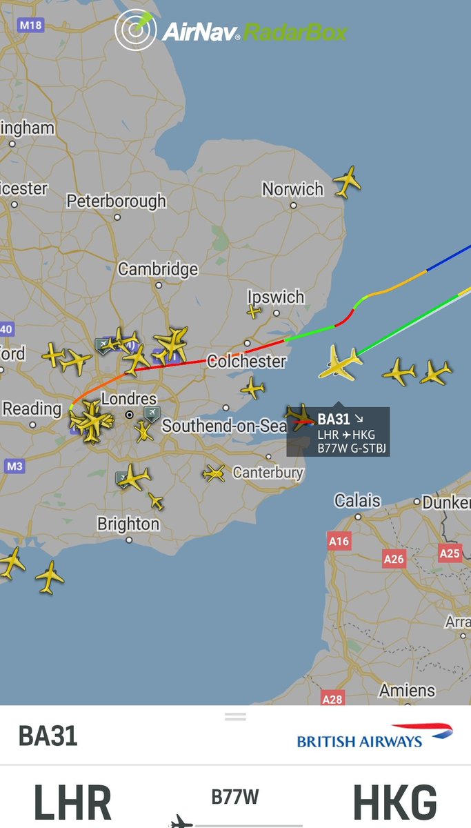 airlivenet's tweet photo. LIVE @British_Airways #BA31 to Hong Kong is returning to London Heathrow due to a technical issue. Watch live: https://t.co/6jgc4tO4FR #AvGeek https://t.co/QnwMZKkCgp