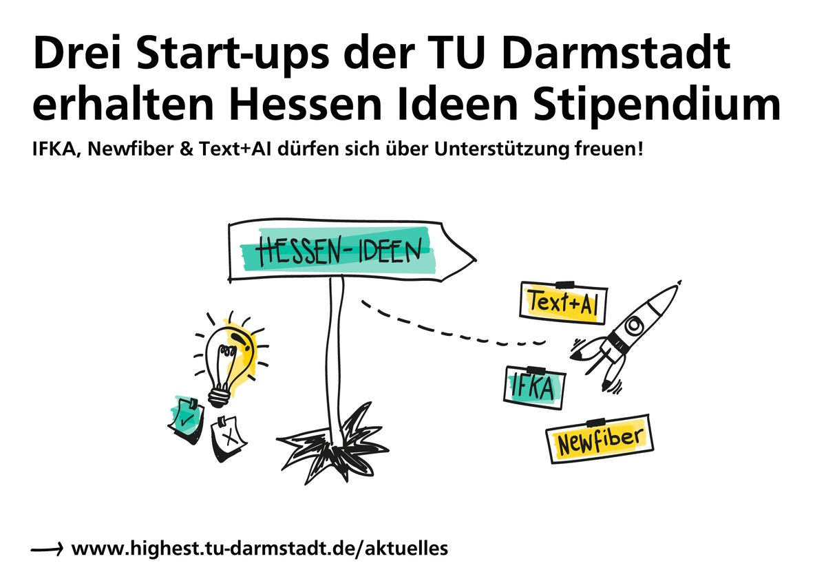 HIGHEST1877's tweet photo. #yeah 🥳 Drei Gründerteams der TU Darmstadt werden ab dem 1.7. für sechs Monate mit dem #HessenIdeenStipendium gefördert. 🎢 🚀 Unterstützt werden #IFKA, #Newfiber und #Text+AI. Mehr Infos findet ihr in unseren News 👉 https://t.co/uE5IalDxTL https://t.co/8u5bE2hnxf