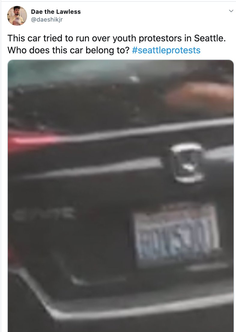 June 10, ~7:30pm — youth march downtownA car rams thru youth protest, destroying bicycle1:  https://tinyurl.com/y9udbexj  2:  https://tinyurl.com/yasafofq 3:  https://tinyurl.com/y98fscny  #SeattleProtests  #seattleprotest