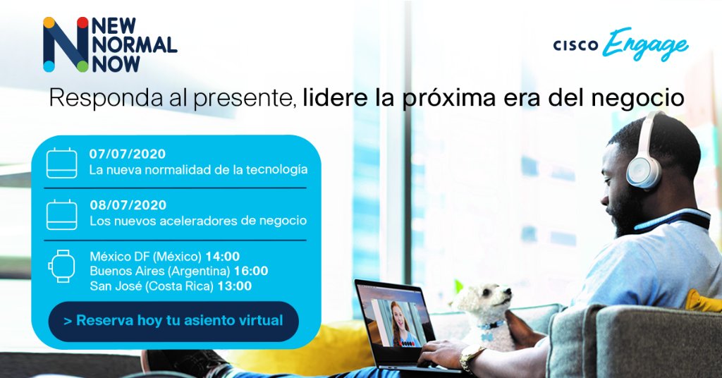 CiscoLatam's tweet photo. Falta poco para nuestro evento digital #TheNewNormalNow. Prepárate para conocer cómo las expectativas de negocio de los modelos tecnológicos se han visto desafiados. Reserva tu lugar ahora: https://t.co/ZY3fSvpVnO #NNNCisco https://t.co/LDSqxDpQ5Z