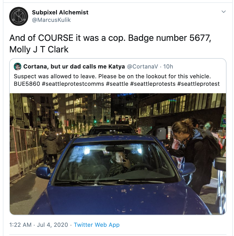 July 4, ~12:10am — boren (?)Off-duty cop Molly Clark attempts to drive thru protestors, other car immobilizes1: from right after  https://tinyurl.com/ydym7d44 2: takes pictures for insurance and leaves scene...  https://tinyurl.com/y83z9mfl 3: Info  https://tinyurl.com/y895w37x  #seattleprotest