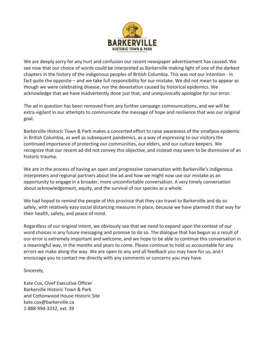 BC's Gold Rush Town (@barkervillebc) on Twitter photo Please see the attached acknowledgment and apology from <a href="/BarkervilleBC/">BC's Gold Rush Town</a>. We made a mistake, and appreciate you letting us know how you feel about it. Please see the attached acknowledgment and apology from <a href="/BarkervilleBC/">BC's Gold Rush Town</a>. We made a mistake, and appreciate you letting us know how you feel about it.