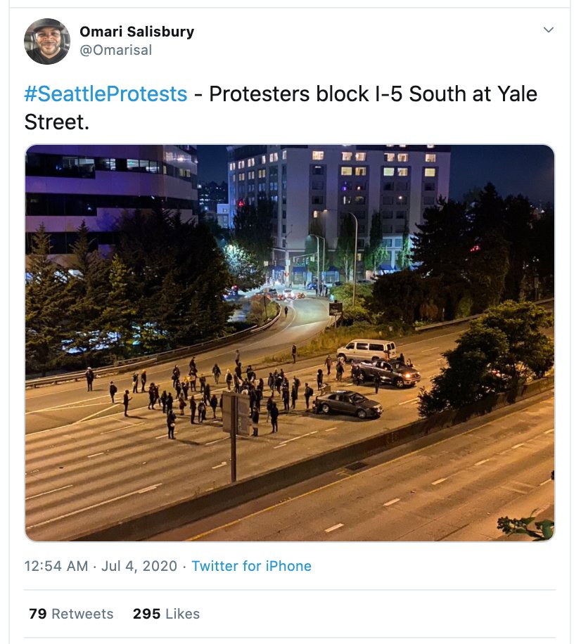 July 4, ~1:25am — i5 by Yale ramp White jaguar snuck on, drives at protestors, strikes 2, driver detained, both victims brought to harborviewmoments before (pic 1):  https://tinyurl.com/y8627yhn crime scene after:  https://tinyurl.com/y8hl6xzq press conference:  https://tinyurl.com/yaexzqhb 