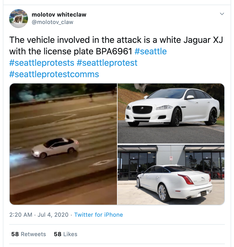 July 4, ~1:25am — i5 by Yale ramp White jaguar snuck on, drives at protestors, strikes 2, driver detained, both victims brought to harborviewmoments before (pic 1):  https://tinyurl.com/y8627yhn crime scene after:  https://tinyurl.com/y8hl6xzq press conference:  https://tinyurl.com/yaexzqhb 