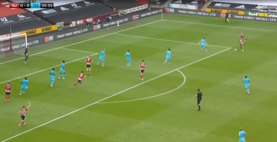 A similar pattern caused the first goal to be conceded:1) The MF receives the ball from the left (look at positions of Sissoko + GLC = centre-right Space) 2) The ball is moved out wide, another overload (2v1)3) The ball is cut-back; 1-0 SHU.