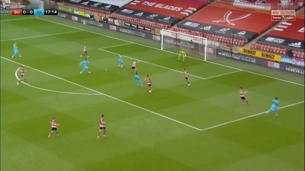 On the few occasions Spurs looked dangerous during open is when an attacking option existed wide left. Stretching the SHU defence creating space for those centrally, otherwise as seen in the tweet above they could defend narrow closing all the space for any of the attackers.