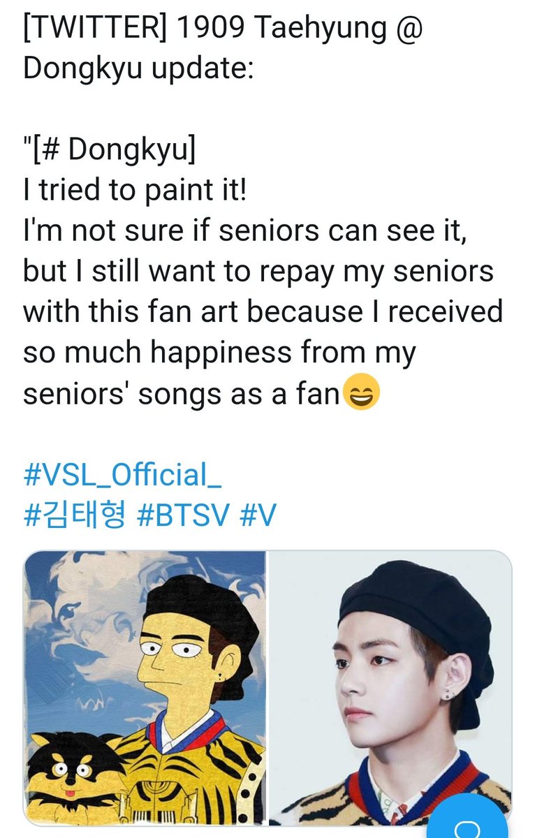 Moon Dongkyu lead vocalist of Spectrum drew Taehyung as a Simpson character when tae asked armys to draw him on weverse. Dongkyu said that it was a way to thank Taehyung for the happiness his song gave him & really hoped that  #BTSV senior would see it he is the cutestt fanboy pls