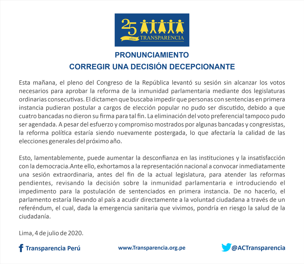 ACTransparencia's tweet photo. Transparencia exhorta al parlamento a corregir decisión que impide avanzar con la reforma política. https://t.co/tbkhbcnHNb