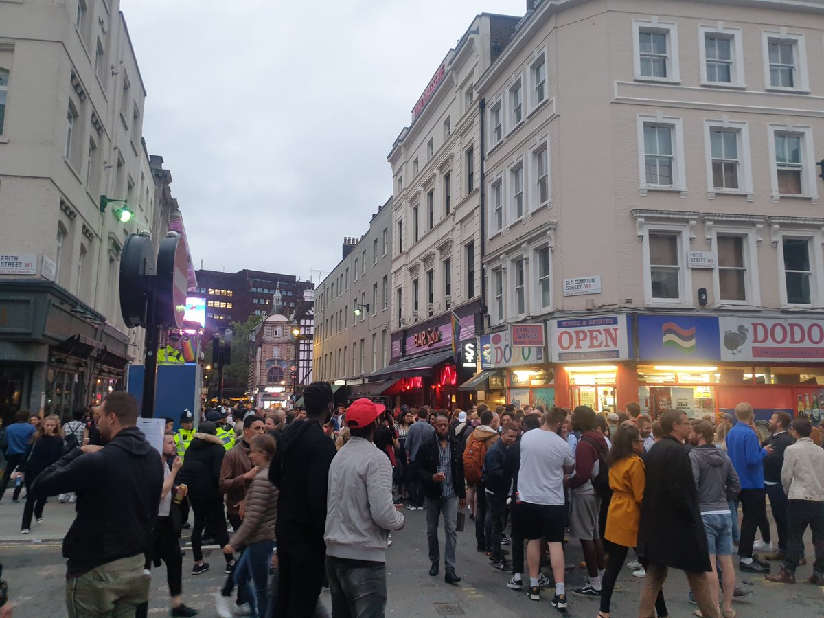 Soho is finally where people are. Probably a few thousand knocking about. Social distancing of the 1m+, not really being observed. Remarkable is the amount of people who have just come out and brought their own drinks.