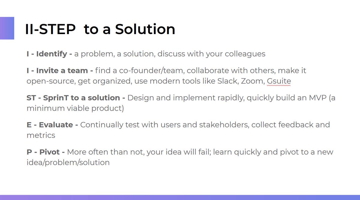 This is the framework I came up with, gleaned from lessons at  @ycombinator's excellent  @startupschool and from great communities like  @IndieHackers and  #HackathonHackers.  'I call it 'I step' to a solution: