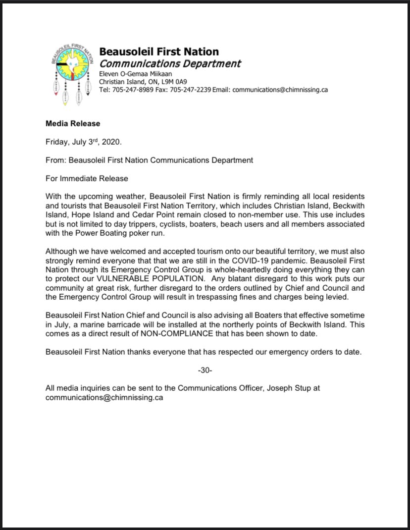 ChiefsofOntario's tweet photo. Media Release: With the upcoming weather, #BeausoleilFirstNation is firmly reminding all local residents and tourists that Beausoleil First Nation Territory, remain closed to non-member use. #COVID19 @Chimnissing https://t.co/eoTx1slpeR