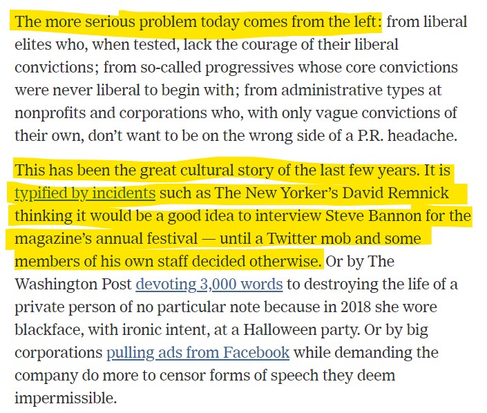 Bret Stephens, who calls people's bosses when they write something mean about him on Twitter, has a column arguing the real problem is not Trump but the fact that Steve Bannon didn't get to talk at an event for the New Yorker in 2018Excuse me?