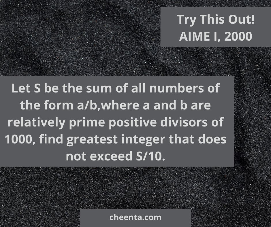 CheentaMath's tweet image. Solve this integer-based problem from American Invitational Mathematics Examinations, AIME I, 2000, and share your solution with us. Check your solution here: zcu.io/i4c1

#mathsproblems #integer #integerproblem #americanmath #mathexam #cheentamaths
