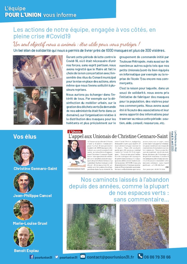 CgennaroSaint's tweet photo. Retrouvez dans vos boites aux lettres : L'équipe "@pourlunion31" vous informe !
#SurLeTerrain, à votre écoute et à votre rencontre, nous vous donnons rendez-vous pour le dernier Conseil municipal, ce mercredi 8 juillet, à 18h30, avant une période de repos bien mérité ! 🌞 https://t.co/miymlcf1sF