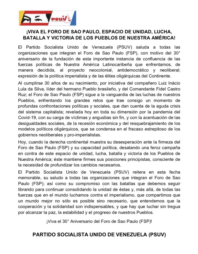 #COMUNICADO | El @PartidoPSUV saluda a las organizaciones del @ForodeSaoPaulo, con motivo del 30° aniversario de la fundación de esta instancia de confluencia de las fuerzas políticas de Nuestra América que enfrentamos al proyecto neocolonial, antidemocrático y neoliberal