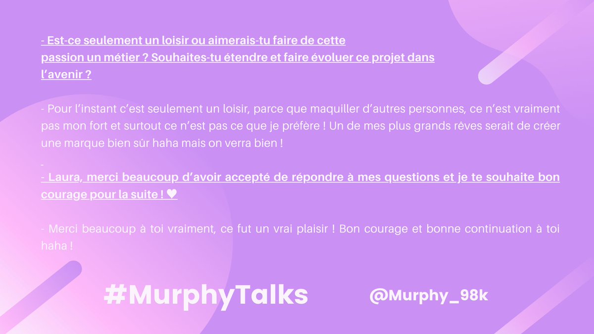 Murphy_98k's tweet photo. Hello Twitter ! 

Je suis super contente de poster ma première itw de ma série #MurphyTalks! Et pour commencer, qui de mieux que la belle @Laaweup🌸 

J'espère que ca va vous plaire, n'hesitez pas à me faire des retours💜 https://t.co/Ou6PpmN7S8