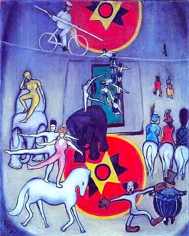 In 1930 her husband took her daughter to Cuba & the trauma led to Neel having a breakdown. She was released from hospital in 1931. She returned to NY. Circus (1932), Martin Jay (1932), Movie Lobby (1932) & Symbols (1932)