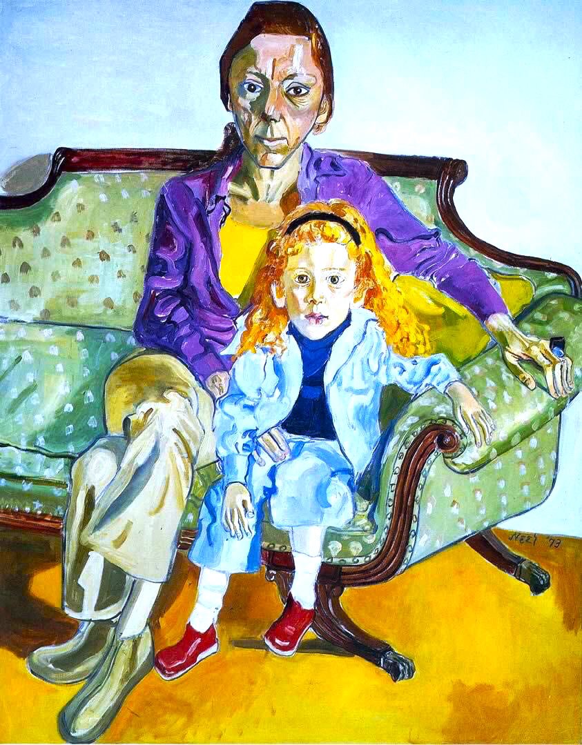 Her portraits are some of the finest of the modern age. She painted how she saw from an empathy based viewpoint. Linda & Daisy (1973), Men from Rutgers (c1980), Don & Jonathan (1982) & the Family (1982)