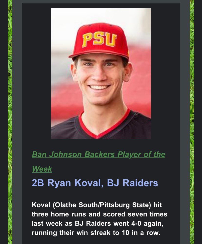 #RaiderNation (@bjraiders) on Twitter photo For the second week in a row a BJ Raider wins hitter of the week. This week it is <a href="/GorillasBSB/">Pitt State Baseball ⚾️</a> ‘s <a href="/koval_ryan/">Ryan Koval</a> . Koval hit three bombs this week while slashing .432/.532/.811 for the season. Read more about his performance at banjohnson.com #RaiderNation For the second week in a row a BJ Raider wins hitter of the week. This week it is <a href="/GorillasBSB/">Pitt State Baseball ⚾️</a> ‘s <a href="/koval_ryan/">Ryan Koval</a> . Koval hit three bombs this week while slashing .432/.532/.811 for the season. Read more about his performance at banjohnson.com #RaiderNation