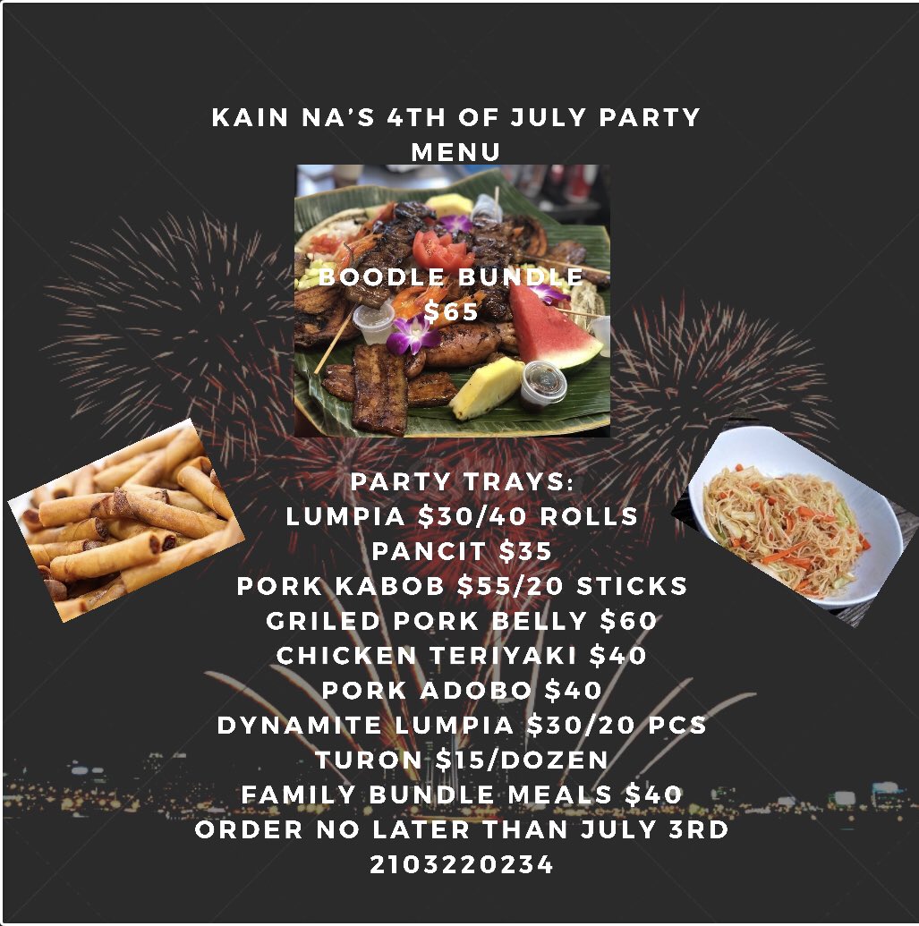 na_kain's tweet photo. Celebrate 4th of July with us at @StreetFareSA  Amazing Filipino food for dine in or take it to go. Order ahead at https://t.co/oUhPTz08EX https://t.co/rEA6ZQPsAa