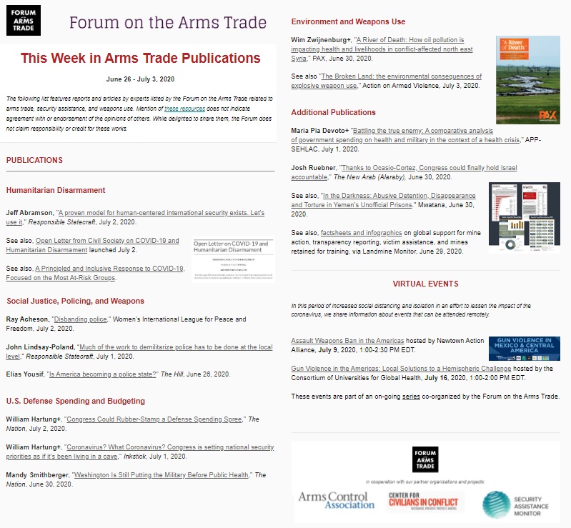 ForumArmsTrade's tweet photo. ICYMI -check out "This Week in Arms Trade Publications" with latest on #humanitariandisarmament; social justice, policing and weapons; US defense spending and budgeting; environment and conflict #EWIPA; Yemen; Israel; landmine factsheets/graphics +more  https://t.co/8VH2IT7OZk https://t.co/zzMvyIkPF2