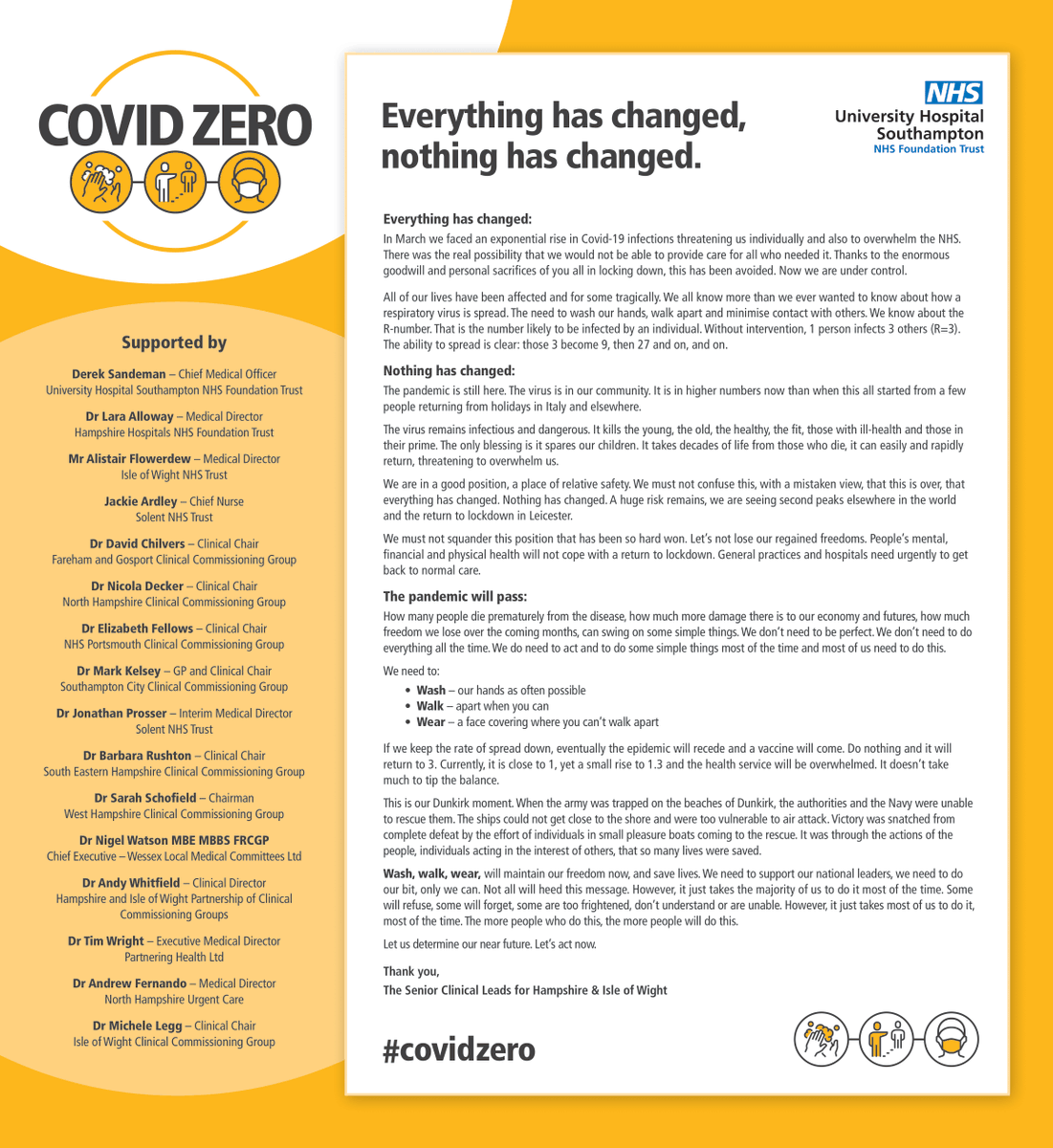 UHSFT's tweet photo. Everything has changed. Nothing has changed.
Read our letter, co-signed by representatives of hospitals and GP services across our region, from this weekend's Daily Echo. #COVIDZERO https://t.co/tluCMdcqdr