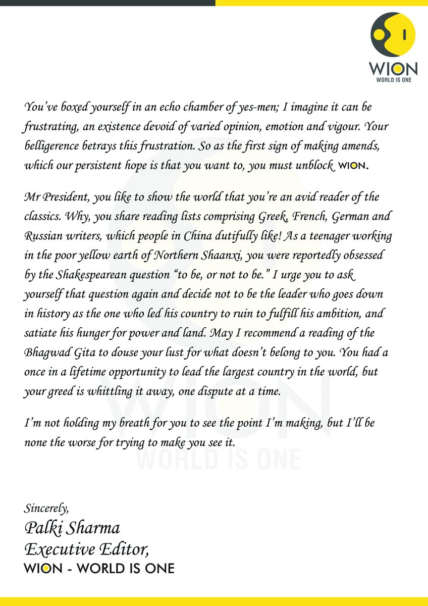 WIONews's tweet photo. An open letter to Chinese President Xi Jinping on why it is in his and his country's best interest to unblock India's only international news channel WION

@palkisu @MFA_China @ChinaSpox_India @MEAIndia @SpokespersonCHN 

#ChinaBlocksWION 

Read here: https://t.co/HJxq6IjVy6 https://t.co/UiMVdanipK