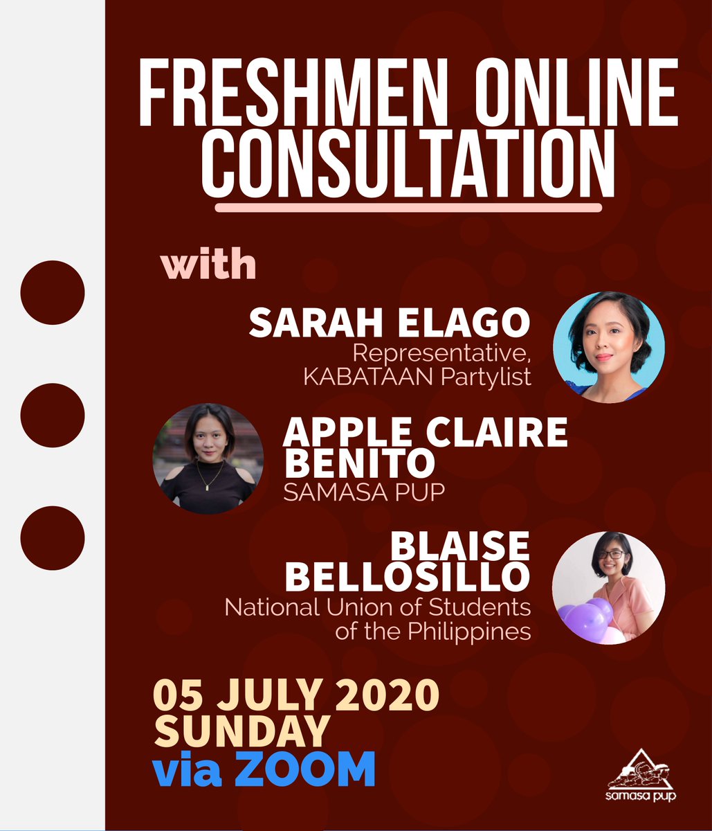 SAMASAPUP_'s tweet photo. Ops! May dadagdag pa sa ating mga speakers!

Makakasama rin natin si Kabataan Partylist Rep. Sarah Elago sa gaganaping Freshmen Online Consultation mamayang 1 PM.

Sa mga nais sumali, pindutin lamang ang link na ito: https://t.co/JM7gDGWdIv

Kitakits! https://t.co/RU3jUa88Ag
