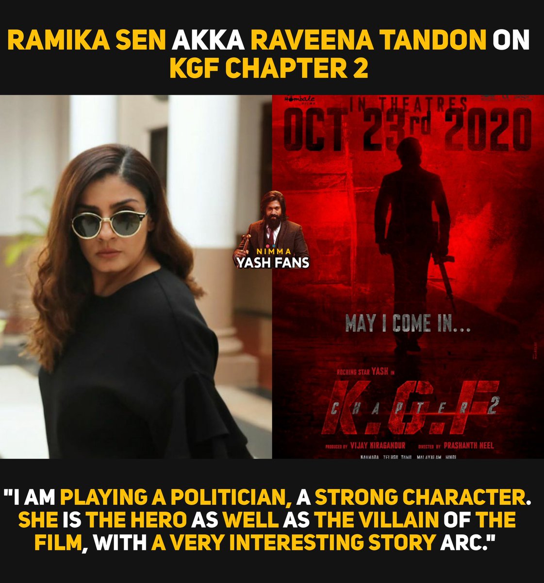 TheYashRules's tweet photo. Raveena Tandon On #KGFChapter2
#ramikasen #raveenatandon #KGF2 
Follow :- @nimmayash__fans 
Follow :- @nimmayash__fans 
#yash #Yashboss #kgfchapter1 #kgf #kgf2 #PrashanthNeel #PrideOfKFI #kfi #kgf2 #arc #NationalstarYash #kgfteaser #KGFChapter2OnOct23 #nationalstar #stardom https://t.co/pSH5ymwt4y