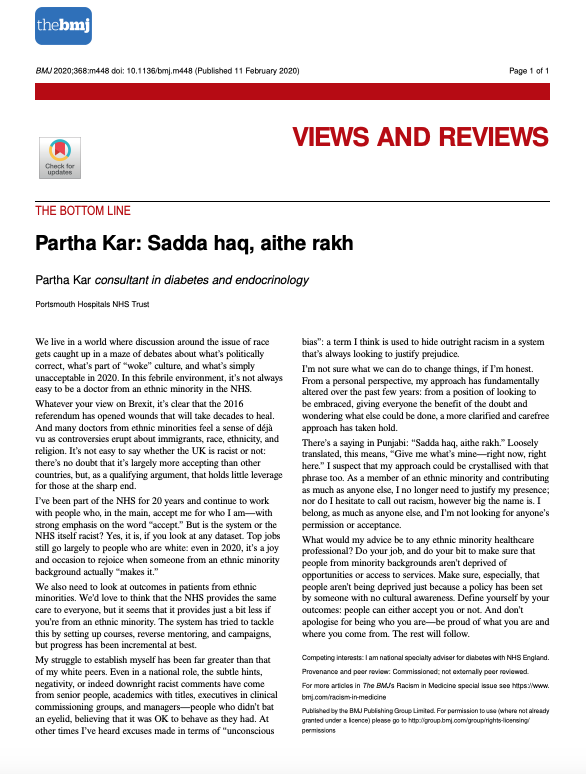 parthaskar's tweet photo. The trilogy on race issues and the #NHS is complete
Thank you @bmj_latest for the opportunity

Its been a privilege being able to raise the issue -and for some of the indignation received via email- the huge amounts of positive vibes have been much appreciated too https://t.co/HL3IPfx8gK