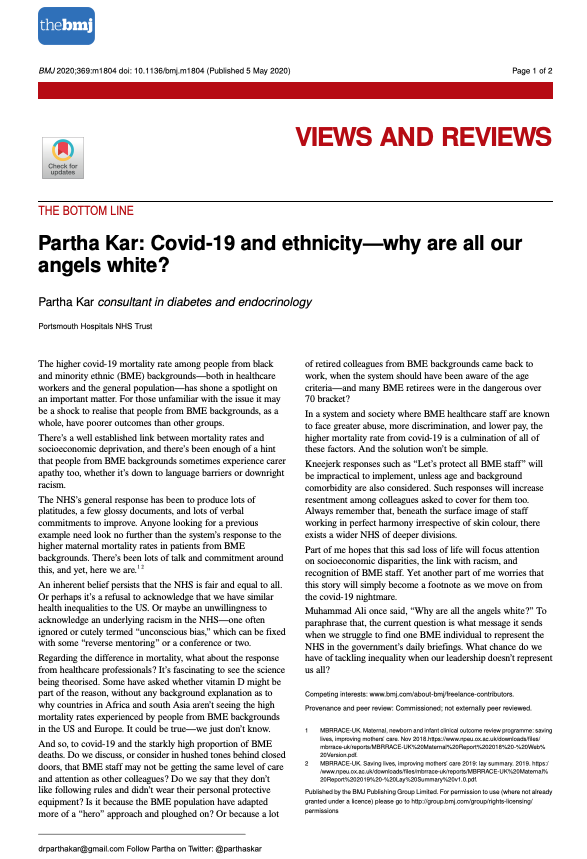 parthaskar's tweet photo. The trilogy on race issues and the #NHS is complete
Thank you @bmj_latest for the opportunity

Its been a privilege being able to raise the issue -and for some of the indignation received via email- the huge amounts of positive vibes have been much appreciated too https://t.co/HL3IPfx8gK