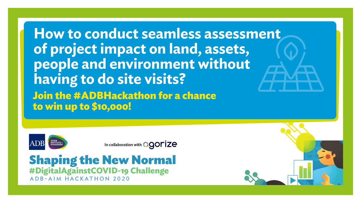 PakistanADB's tweet image. Join the 2020 ADB-AIM Hackathon's “Digital Technology to Assess Safeguard Impacts” challenge to turn your ideas into reality and win up to $10,000 for pilot testing. Submit by 10 July. 

Get started  ➡️ challenges.adb.org/en/challenges/…

#ADBHackathon @DigitalPak_GoP #DigitalAgainstCOVID19