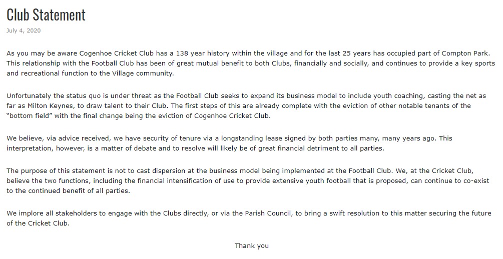 Please see the below statement from the <a href="/CogenhoeCC/">Cogenhoe CC</a> committee.