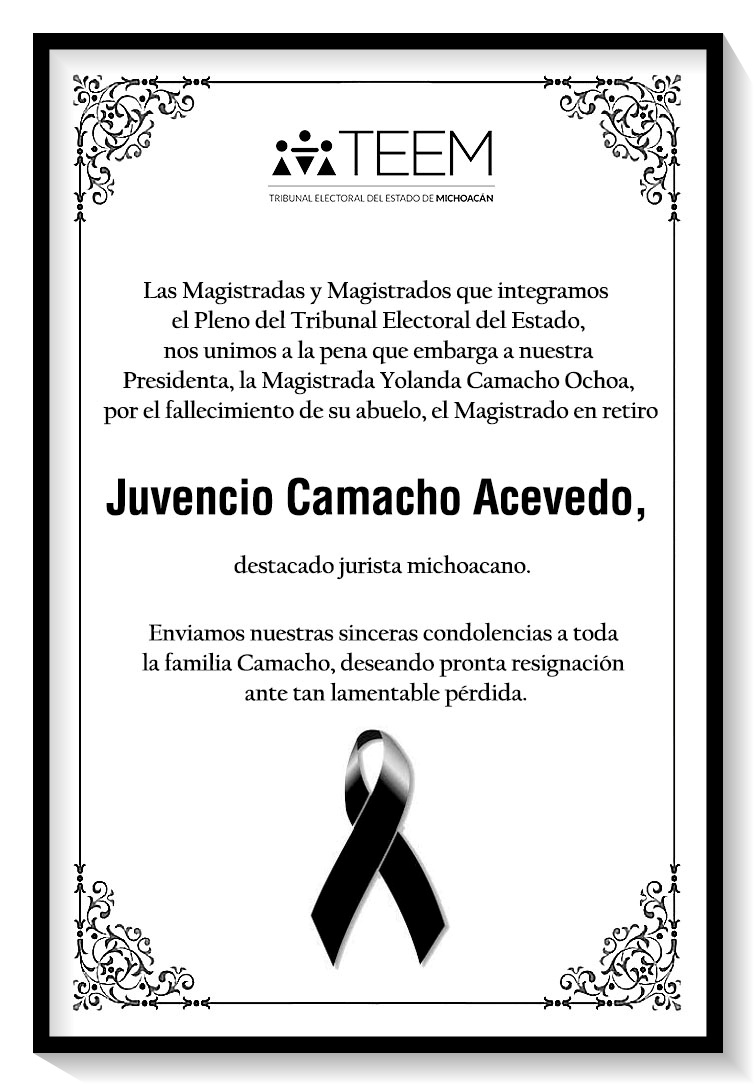 teemichmx's tweet photo. Las Magistradas @YurishaAndrade, @AlmaRBahena1, @JoseReneOlivos y Salvador Alejandro Pérez Contreras envían sus condolencias a la presidenta del @teemichmx, @YolaCamachoa, deseándole pronta resignación. https://t.co/MfGvtGMlAN