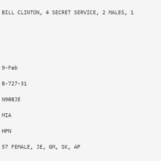 Miami - White PlainsPresident Clinton, 4 SS agents, Epstein, Ghislaine, Sarah Kellen, and Prince Corresponding FL shows AP in the same spot