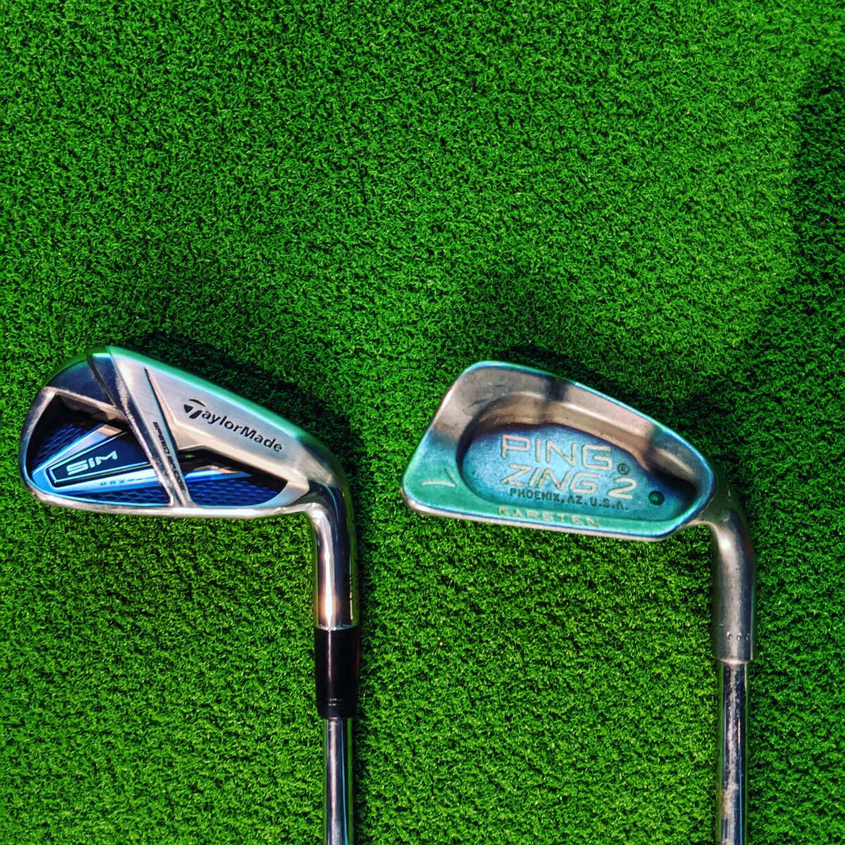 dparkespga's tweet image. Nice little upgrade today from @PINGTourEurope Zing circa 1994 to the modern day clubs @TaylorMadeGolf #simmax 
As you can imagine, the improvements in consistency of strike and ball flight were brilliant.