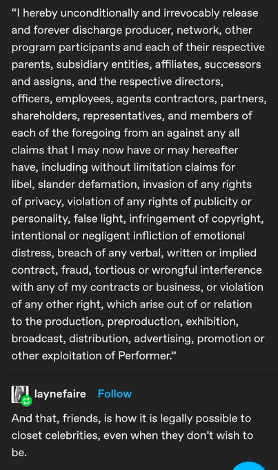 "It's illegal to closet artists against their will." Is a false argument. Artists sign contracts in which they sign away the control of their image agreeing to maintain the image they are given. If that means closeting, they've also signed away their right to legal recourse.