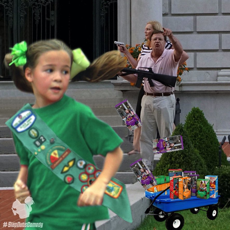 SlapNutsComedy's tweet photo. The McClosky’s screamed “GET A REAL JOB!” to 11 year old Girl Scout!
•
•
•
#meme #funnymemes #funny #comedy #girlscouts #cookies #mccloskey #usa #getarealjob #joke #makefun #slapnuts #slapnutscomedy https://t.co/BxZSwaWrzc