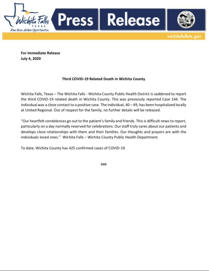 discoverwftx's tweet photo. The WFPHD  is saddened to report the third COVID-19 related death in Wichita County. 
This was previously reported Case 144.  
You can read the full Press Release here: https://t.co/GkGmc1CsxY https://t.co/S36Bht3uJk