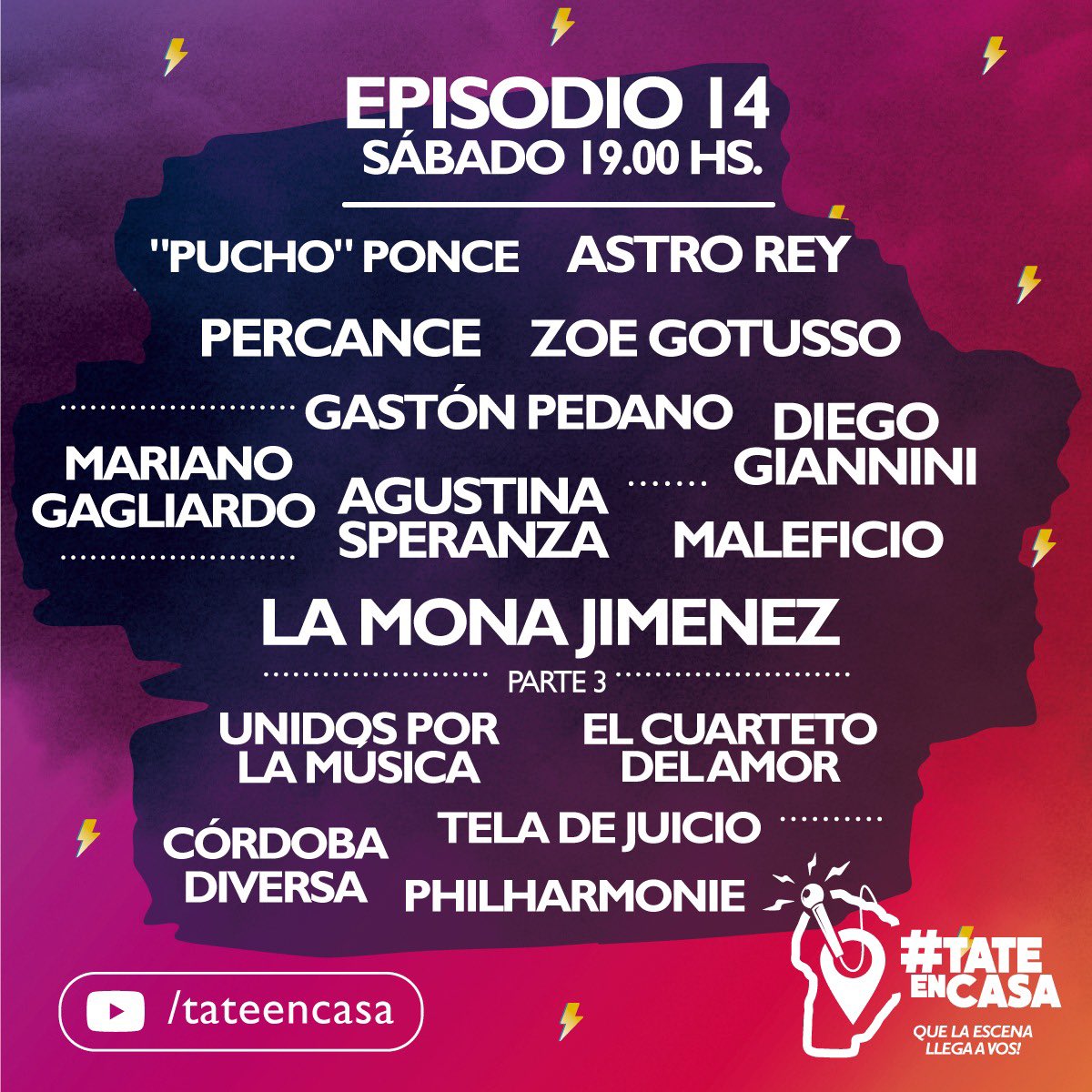 ¡Ya llega el #Episodio14! 
Hoy a las 19hs por <a href="/canalshowsport/">CanalShowSport</a> , <a href="/canalccordoba/">Canal C Córdoba</a> y youtube.com/tateencasa
.
.
.
Mirá quienes formarán parte del catorceavo episodio: ZOE GOTUSSO, ASTRO REY, "LA MONA" JIMENEZ, MARIANO GAGLIARDO, COSQUIN ROCK, CORDOBA DIVERSA y muchos más!