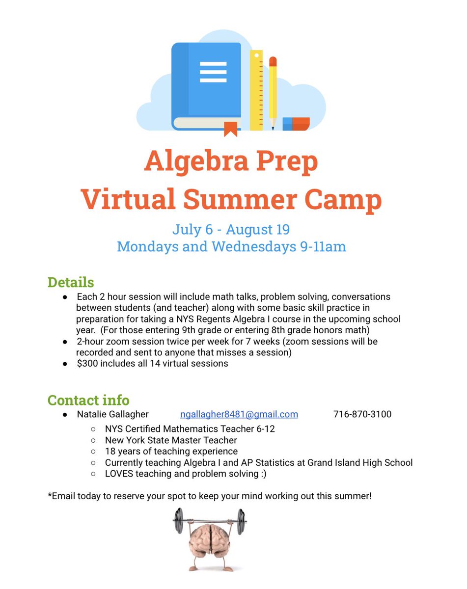mrgallagher325's tweet photo. Please share with anyone that might need or want information about a 7-week Algebra 1 Summer Camp https://t.co/QSO0yFM7H1