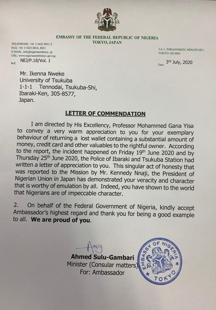 BashirAhmaad's tweet photo. Ikenna Nweke, a Nigerian doctorate student in University of Tsukuba, Japan, returned a missing wallet with huge sums of money and credit cards to the police, Nigeria celebrates him and President @MBuhari salutes him for projecting the values of honesty, integrity and contentment. https://t.co/6uwmqSyv1m