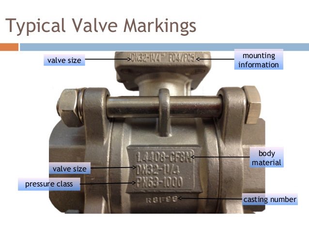 في الصمامات يمكنك معرفة المعلومات من جسم الصمام : 
جسم الصمام:يكتب من اَي مادة صنع.
-حجم الصمام. 
-الضغط : الضغط هنا في PN ولحساب الضغط في البار (1bar = 14 .5038psi )
Casting number :هذا الرقم من المسبك ، ويستخدم لتعقب المواد ، ويحتاج اليه في وقت التوريد وإصدار شهادة الاختبار